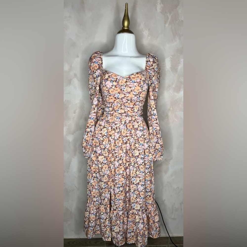 Free People Land of the Free Floral Bohemian Babydoll Midi Long Sleeve Dress Sm.